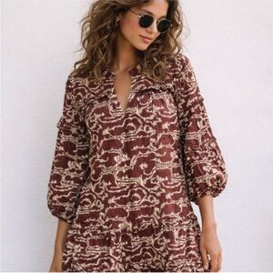 New Cleobella Brown Organic Cotton Neutral Boho Mini Dress Tie Waist Puff Sleeve